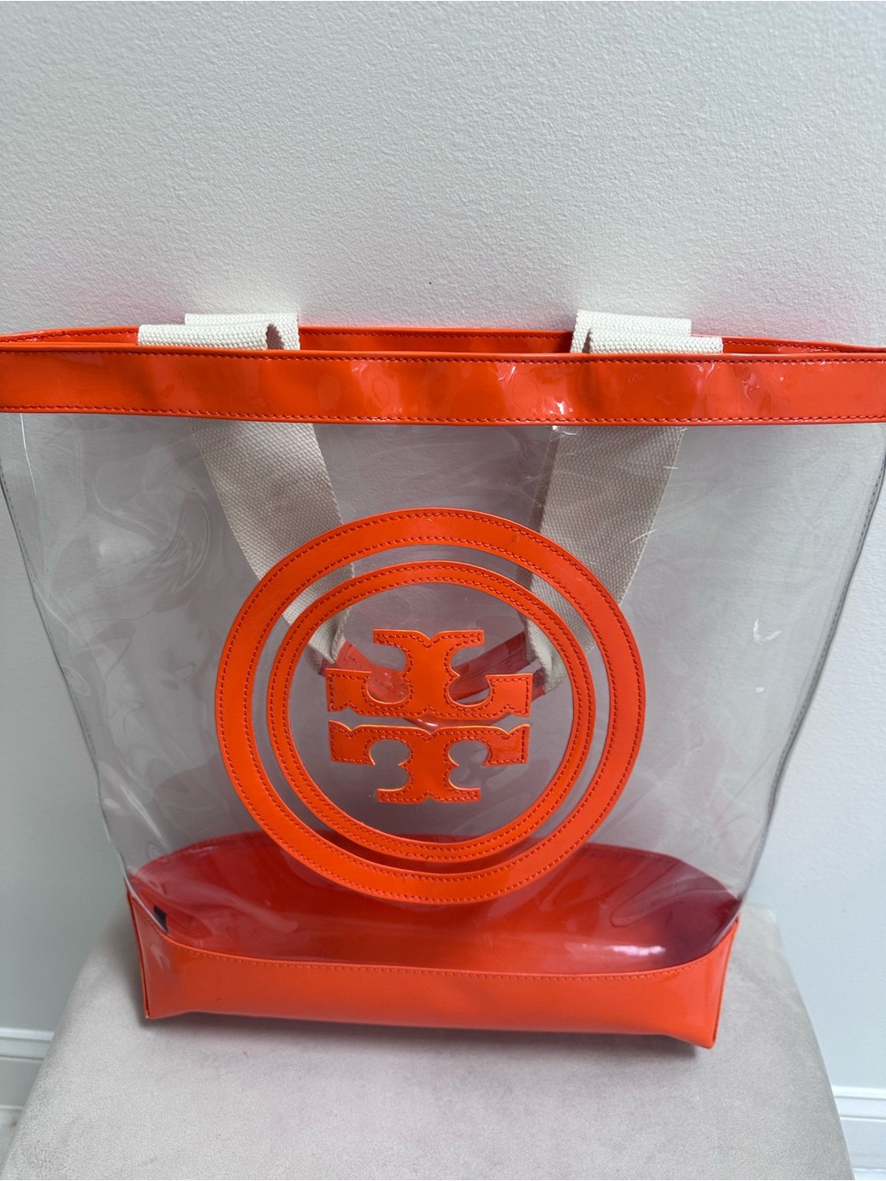 Tory Burch Clear PVC Tote with Orange Trim and Logo - Picture 7 of 12